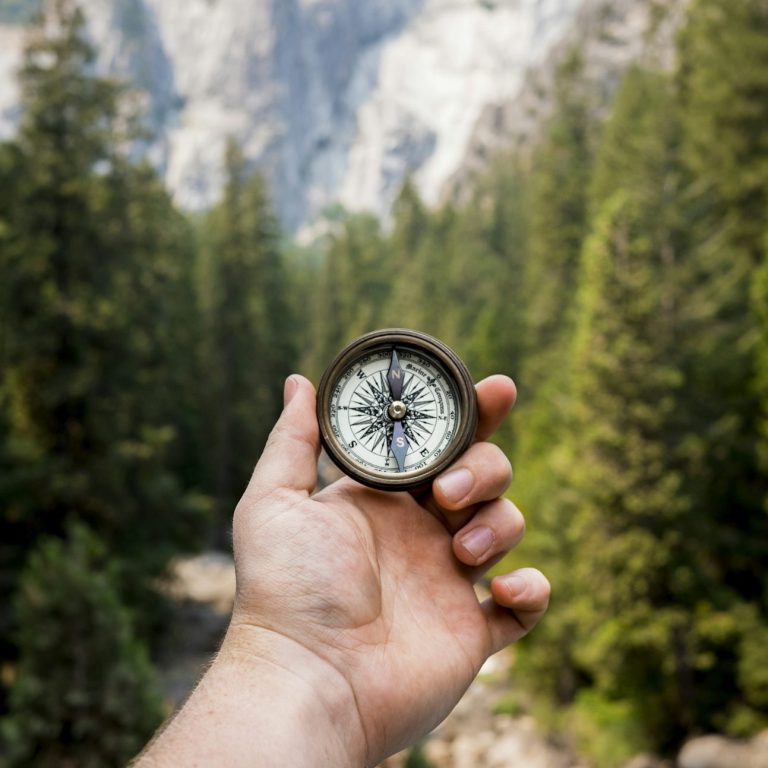 Hand hält Kompass vor einer Bergkulisse.